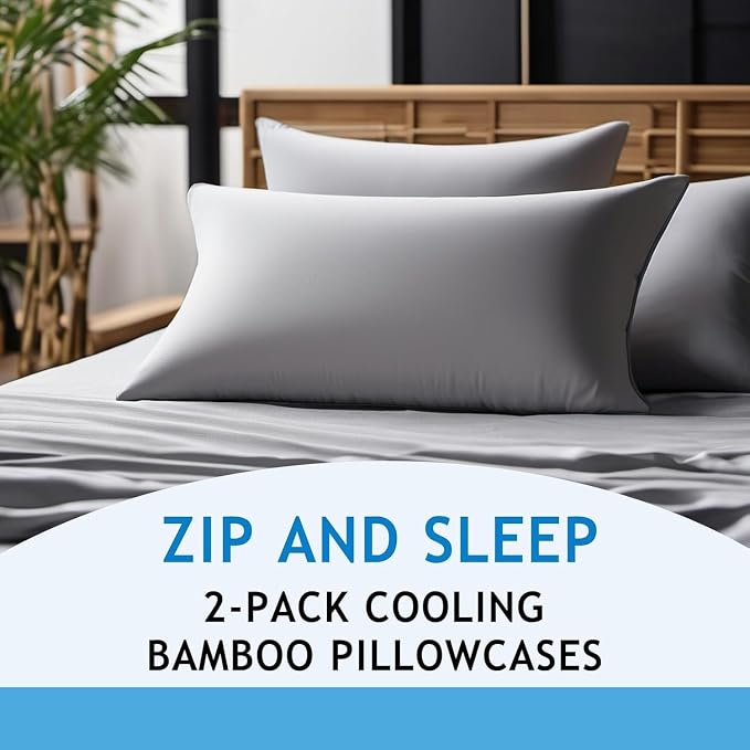 Zippered Pillowcases - Queen Size 30x20, 100% Viscose Derived from Bamboo, 2 PK, Dark Gray - Cooling Pillow Cases - Silky Pillow Covers for Hot Sleepers, Menopause, Night Sweats - by JoMo