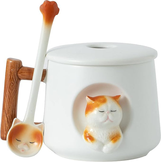 DIHOclub Ceramic Coffee Mug with Lid and Matching Spoon,Novelty 3D Cat Pattern Mug for Tea Milk Chocolate Juice,Cute Cup for Dog Lovers,Perfect Gifts-14 Ounces(white)