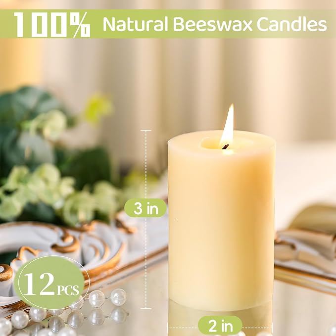 12 Pack Beeswax Pillar Candles,Ivory White Beeswax Candles-360 Hours Long Burning,Unscented Bees Wax Candles for Home,Prayer,Emergency,Dripless Smokeless Organic Pillar Candles 2x3in