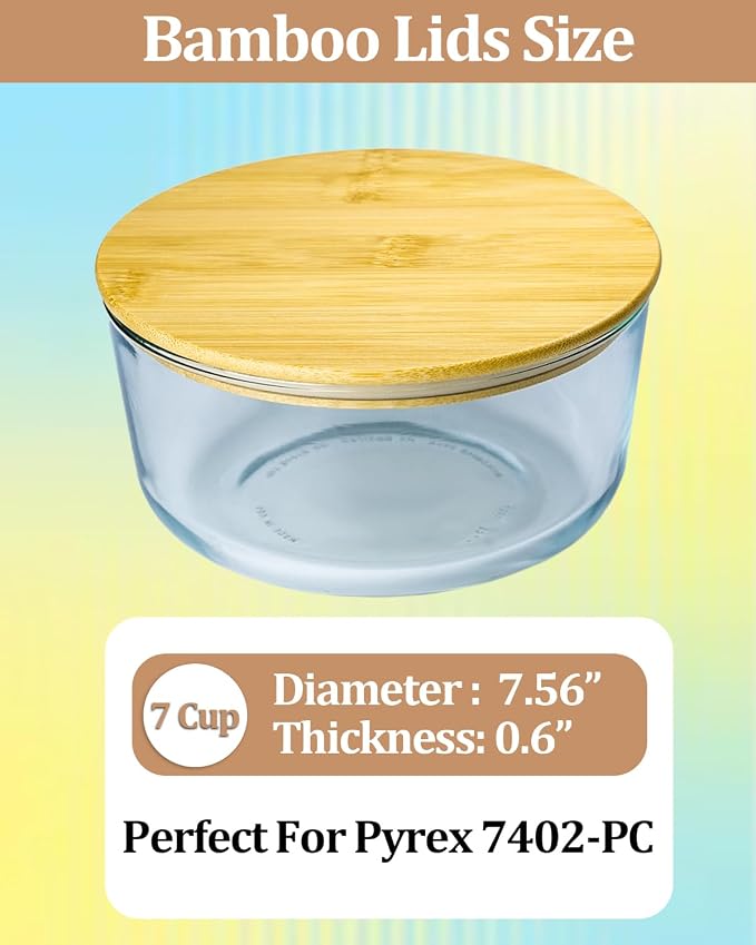 Replacement Wooden Lids for Pyrex, Anchor Hocking Glass Containers 7402-PC*4, Bamboo Lids for Pyrex 7Cup Glass Bowls, Bowl Covers with Leakproof 4 Pack