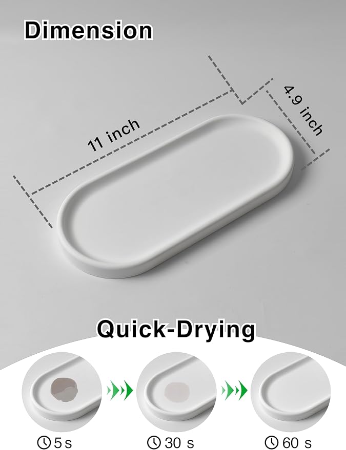 Diatomite Stone Sink Tray - Quick Drying Stone Sink Caddy for Kitchen & Bathroom Countertop, Water Absorbing Tray for Sponge, Soap, Brush&Vanity Holder, Minimalist White