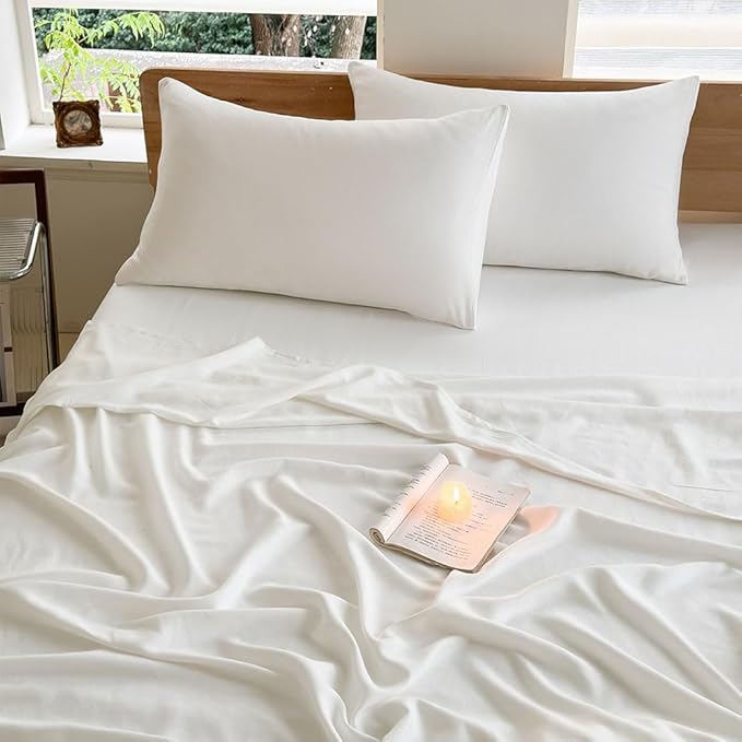 NSNLGSGC 100% French Linen Sheets Full Size, 4 Piece Pure Linen Bed Sheet Set, Breathable, Cooling & Durable, Soft Washed Natural Flax Bedding with 16 Inch Deep Pocket, All Season Use(Full, White)