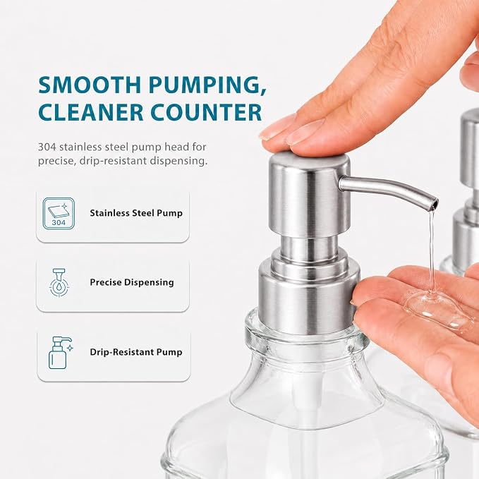 Clear Glass Soap Dispenser Set: Modunful 2 Pack 16.9oz Countertop Soap Dispenser with Bamboo Tray, Silicone Funnel & 60 Waterproof Stickers - for Kitchen Bathroom