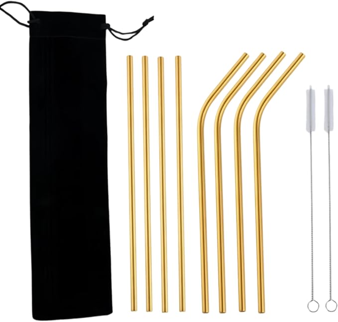 Heavy Duty 304 Stainless Steel Reusable Straw Set, 8 Pack Multi-Color Smoothie Straws with Travel Pouch & Cleaner, Dishwasher Safe Eco- (Golden-black bag,8pc)