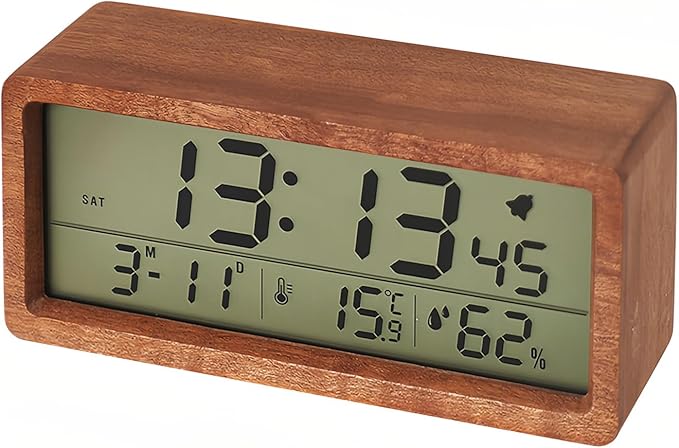 Digital Wooden Alarm Clock with Backlight Temperature Humidity LCD Big Display Soft Date Week 12/24 Hour Switch Snooze Mode Easy to Use for Students Office