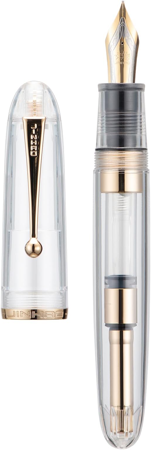 Jinhao 9019 DaDao Series Fountain Pen, Size 8 Fine Nib with Refillable Large Ink Converter, Transparent Clear Acrylic Design Smooth Writing Pen (Gold Trim)