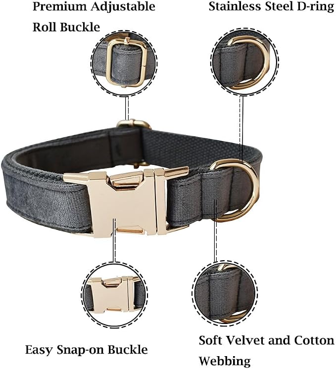 Velvet Dog Collar and Leash Set with Quick Release Metal Buckle | Bright & Stylish Leash and Collar Set, Soft Heavy Duty Pet Collars Adjustable for Samll Medium Large Dogs or Cats