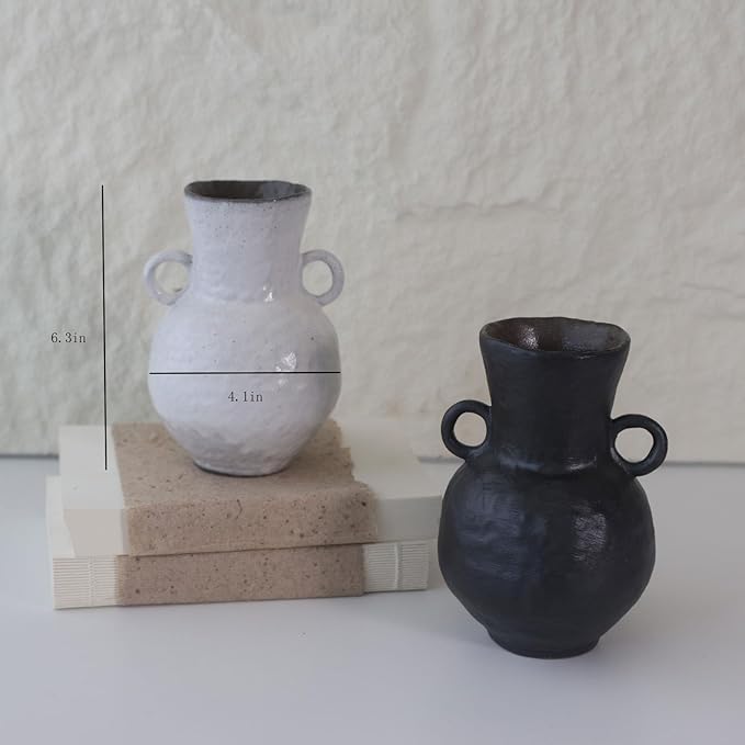 Rustic Small Ceramic Vase, Handcrafted Black Farmhouse Vase, Wabi Sabi Pottery Decor for Kitchen, Bedroom, Office, Living Room, Bathroom, Shelf Centerpiece Table