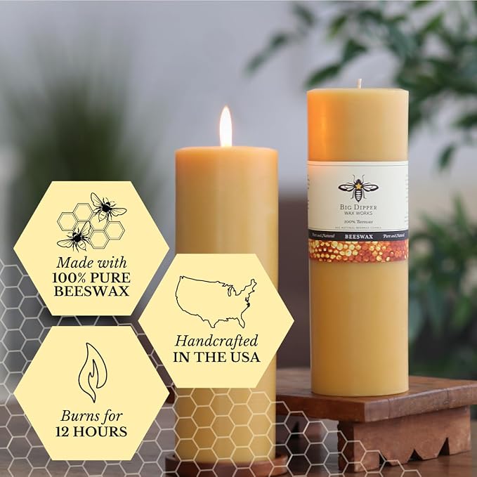 Big Dipper Wax Works 100% Pure Beeswax Pillar Candle, Extra Large 3" x 9", 110 Hour Burn, Handcrafted Honey Aroma, Clean Soot-Free, Eco-Friendly Cotton Wick for Home Décor, Weddings & Meditation