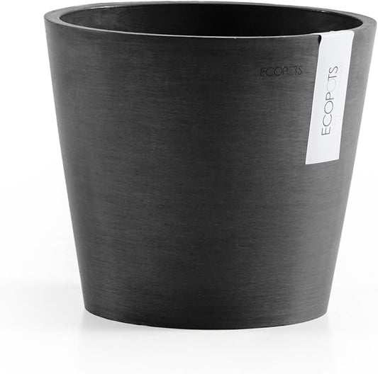 Ecopots Amsterdam Durable Modern Round Indoor/Outdoor Recycled-Based Composite Flower Pot Planter w/Water Reservoir, Dark Grey, 12"