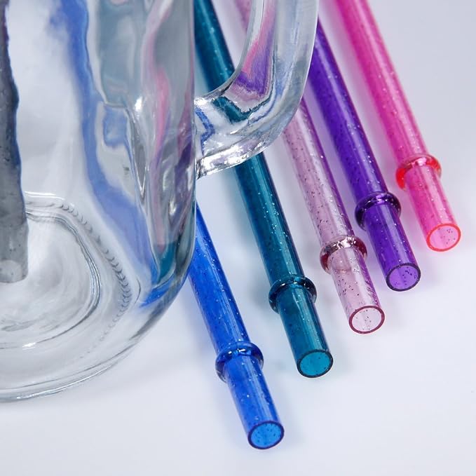 Dakoufish BPA-Free 12 Piece 9 Inch Reusable Clear Plastic Glitter Sparkle Drinking Straw Plus one Cleaning Brush (Blue,9inch)