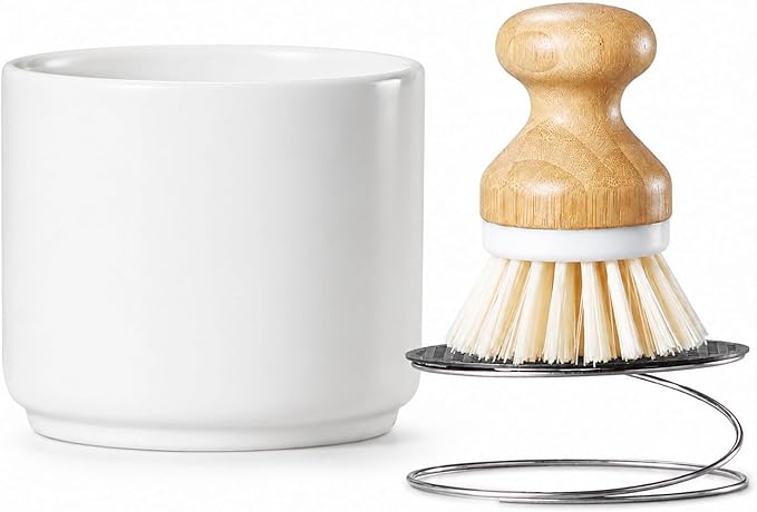 ONEMORE Bamboo Dish Brush with Ceramic Foaming Base, Kitchen Sink Scrub Brush Set with Spring and Mesh Insert, Wooden Handle Dishwashing Brush for Pots Pans Plates Bowls, White