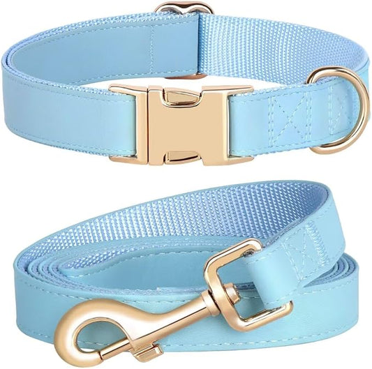PET ARTIST Soft PU Leather Dog Collar and Leash Set, Bright & Stylish 5FT PU Leather Leash and Collar Set, Durable Pet Collars with Quick Release Metal Buckle for Large Dogs,Blue,L(16-27")
