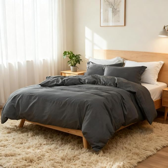 Simple&Opulence French Linen Duvet Cover Set 78" x 86"- 3 Pieces (1 Comforter Cover,2 Pillowcases)- Natural Flax Cotton Blend-Solid Color Breathable Farmhouse Bedding-Charcoal Grey, Full
