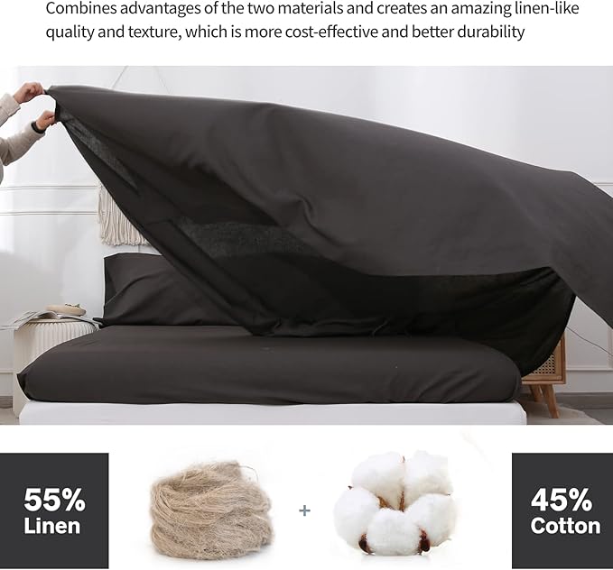 BISELINA Linen Sheet French Flax Flat Sheet Only 55% Euro Linen 45% Cotton Basic Style Solid Color Soft Breathable Farmhouse Top Sheet 1-Piece (Full, Dark Grey)