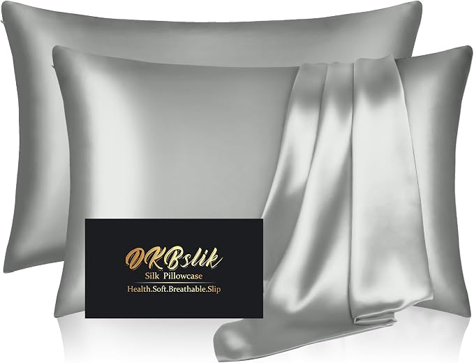 Silk Pillow Cases 2 Pack, Mulberry Silk Pillowcases Standard Set of 2, Smooth, Anti Acne, Both Sides Natural Silk Satin Pillow Cases for Sleeping Women 2 Pack with Zipper, Silver Grey