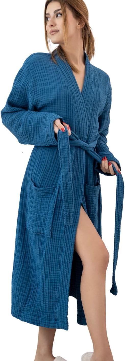 100% Cotton Muslin Kimono Robe for Women, Lightweight Gauze Bathrobe, Soft Breathable Spa Robe