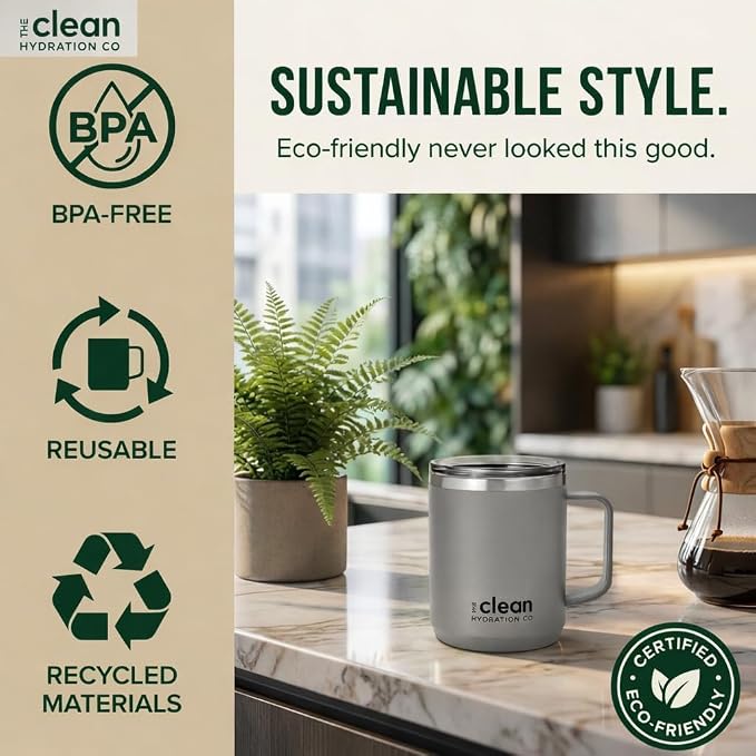 Coffee Mug Travel Mug Insulated 12 Oz | Ceramic Lined Travel Cup with Lid | Reusable Office Mug Double Wall Vacuum Eco-Friendly BPA-Free (Aqua) (Gray)