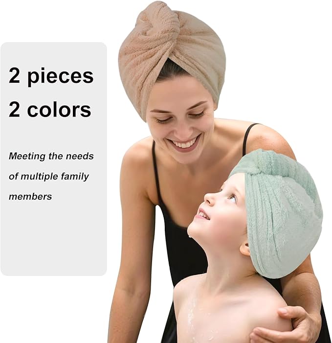 Microfiber Hair Drying Towel Wrap for Women, Hair Turbans Towel for Wet Hair,turbie Twist Hair Towels(The Color of the Picture is for Reference only) (Brown,Light Green)