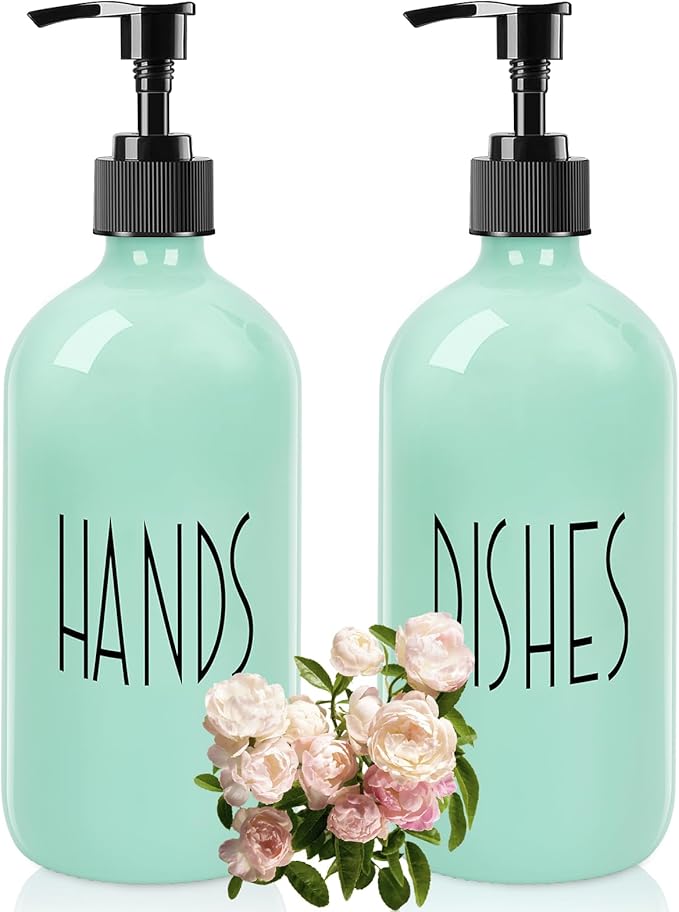 Dish Soap Dispenser for Kitchen - 16 OZ Glass Hand Soap Dispenser Set - Kitchen Bathroom Decor and Accessories (Turquoise Green)