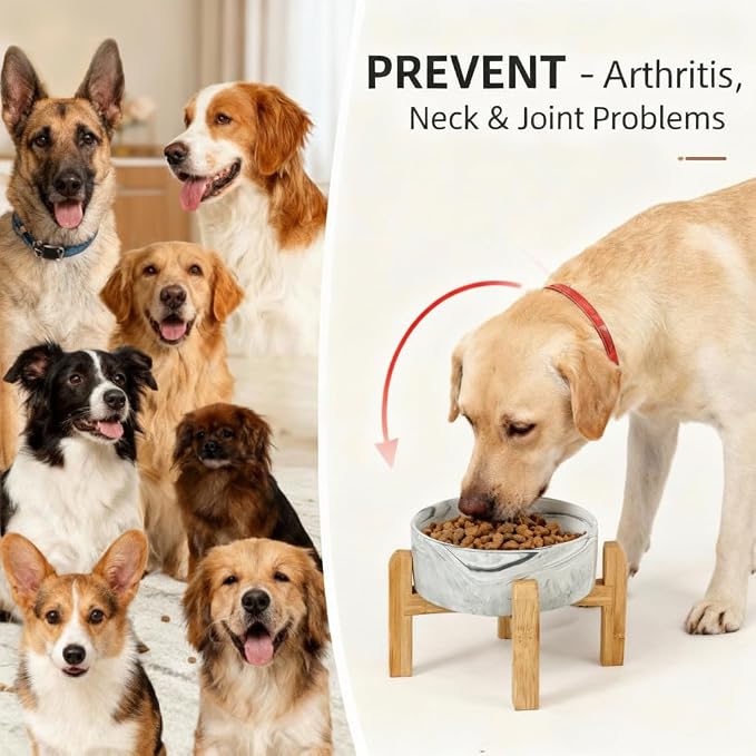 Elevated/Raised Ceramic Dog Bowl with Bamboo Stand,Marble Pattern 7 Inch 7.6 Cups Non Slip Heavy Weighted Single Pet Dish,Reduces Neck Strain Marble Gray