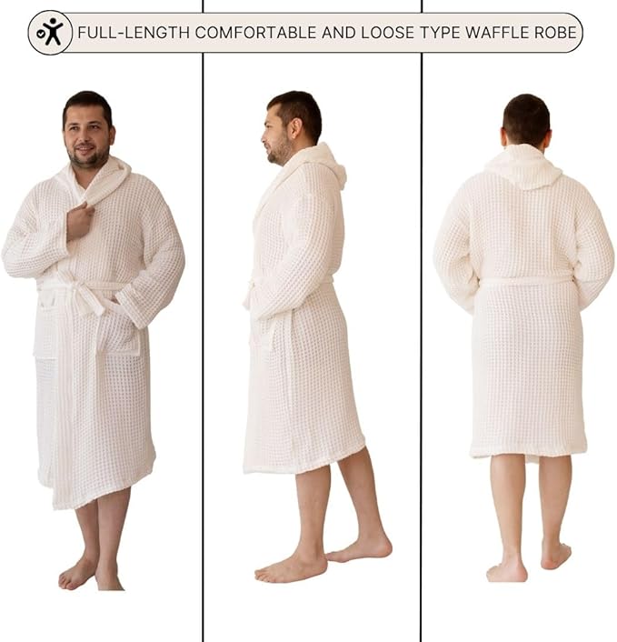 100% Turkish Cotton Men's Waffle Robe with Hooded, Premium Soft Cozy Housecoat or Quick-Dry Bathrobe for Mens