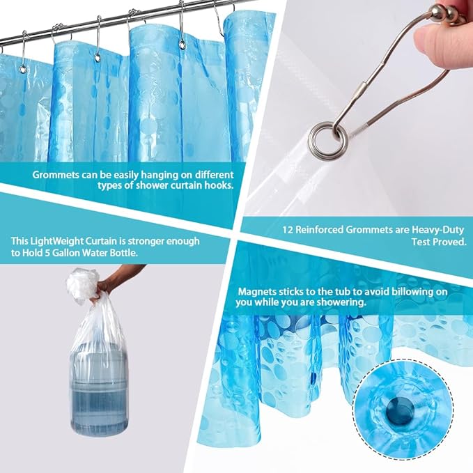 Ga-Geetopia EVA Blue Thin Shower Curtain Liner, Pebble Pattern 72x72 Inch Lightweight Plastic Bathroom Shower Showroom Inner Curtain with Rustproof Metal Grommets and Weighted Magnets(No Hooks)