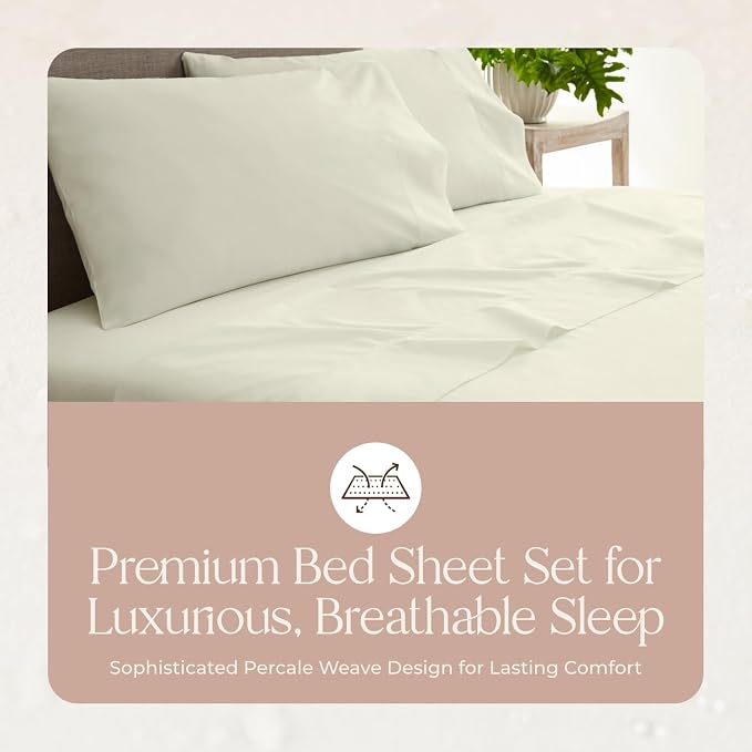100% Organic Cotton Sheets Twin Size - GOTS Certified Cotton Percale Sheets with Crisp Cool & Breathable Percale Weave Perfect for Hot Sleepers - Durable Luxury 4 Piece Set (Cream, Twin)