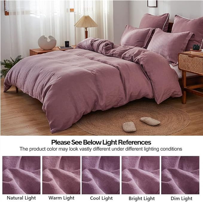 Simple&Opulence 100% Linen Duvet Cover Set 3pcs Basic Style Natural French Washed Flax Solid Color Soft Breathable Farmhouse Bedding with Button Closure - Purple, King