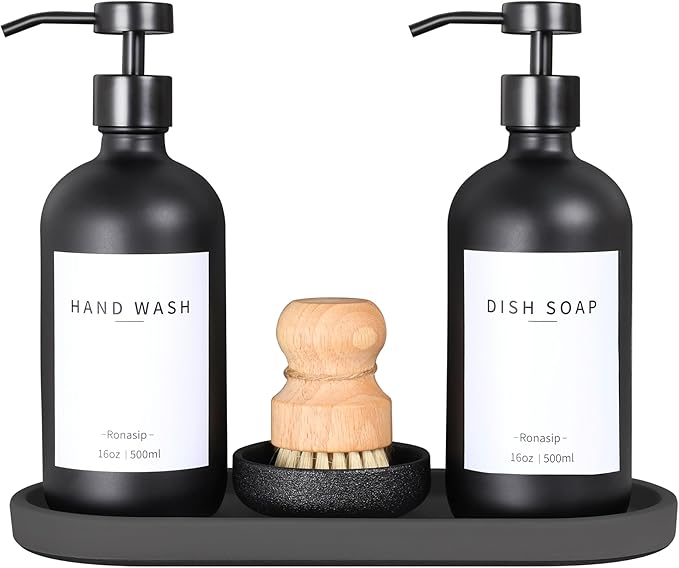 Ronasip Set of 5 Kitchen Soap Dispenser Set 16 Oz Glass Hand Dish Soap Dispenser with Stainless Steel Pump, Cement Tray, Dish Scrub Brush for Farmhouse Rustic Home Bathroom Decor (Black)