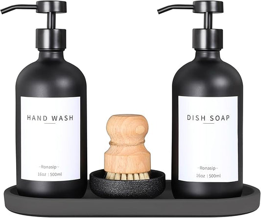 Ronasip Set of 5 Kitchen Soap Dispenser Set 16 Oz Glass Hand Dish Soap Dispenser with Stainless Steel Pump, Cement Tray, Dish Scrub Brush for Farmhouse Rustic Home Bathroom Decor (Black)