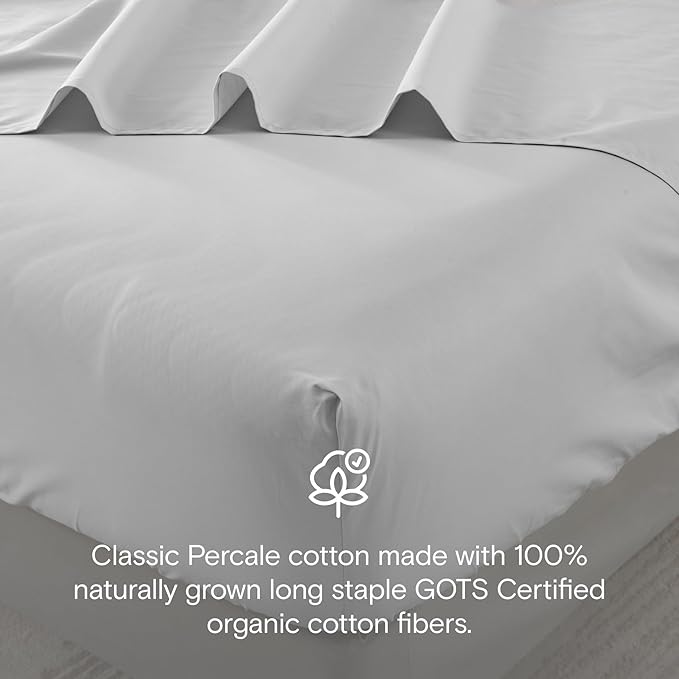 DOZ 100% GOTS Certified Organic Cotton Sheet Set, Crisp Percale Weave, Long Staple, Breathable, Matte Finish, Hotel Style, Durable, 3pc – 2 Pillowcases 1 Fitted (Dove, Full)