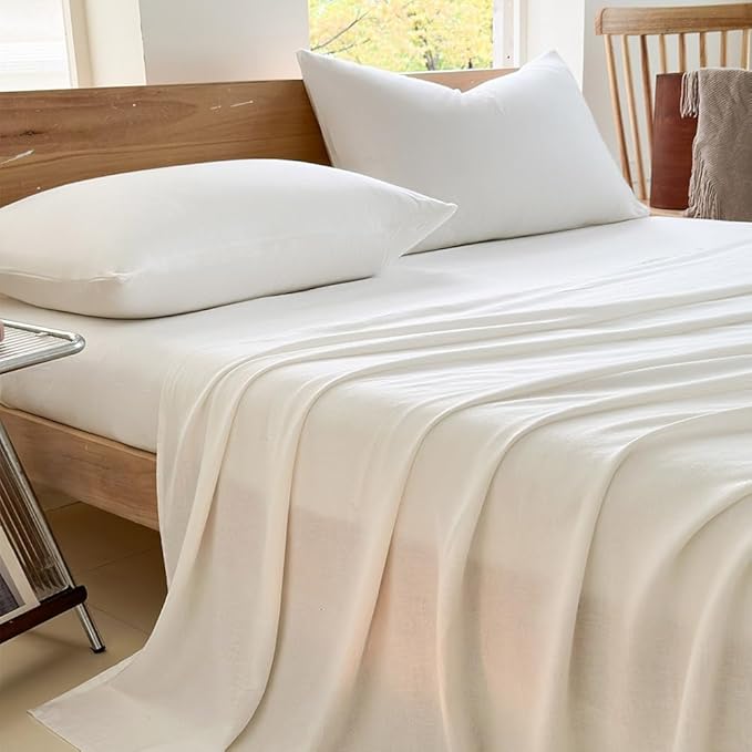 NSNLGSGC 100% French Linen Sheets Queen Size, 4 Piece Pure Linen Bed Sheet Set, Breathable, Cooling & Durable, Soft Washed Natural Flax Bedding with 16 Inch Deep Pocket, All Season Use(Queen, White)