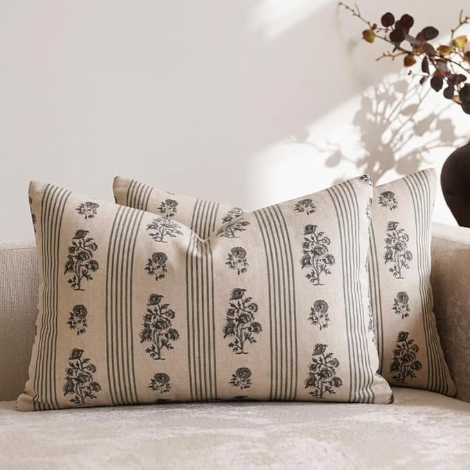 Amor Virisso Floral Throw Pillow Covers 12 x 20 Set of 2 Block Print Pillow Covers Neutral Floral Striped Farmhouse Decorative Pillow Covers for Sofa Couch Bed, Dusty Green