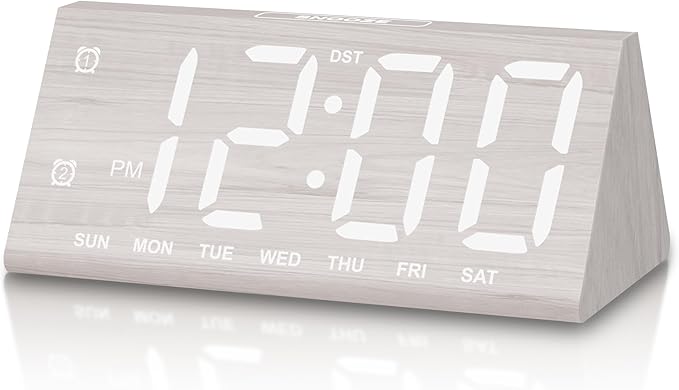 JALL All Digital Alarm Clock, with Wooden Electronic LED Time Display, 3 Alarm Settings, Humidity & Temperature Detect, Wood Made Electric Clocks for Bedroom, Bedside, Desk (White-Big Bold)