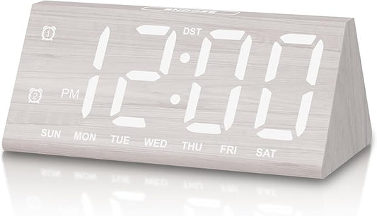 JALL All Digital Alarm Clock, with Wooden Electronic LED Time Display, 3 Alarm Settings, Humidity & Temperature Detect, Wood Made Electric Clocks for Bedroom, Bedside, Desk (White-Big Bold)