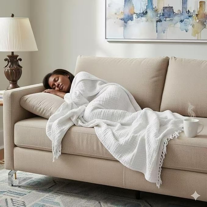 KyraHome 100% Cotton Throw Blanket 60"x80" Large Muslin Blankets for Adults, Couch, Picnic, Travel, Plant Dyed Pre-Washed Breathable Lightweight Soft Summer Blanket, All Season, White
