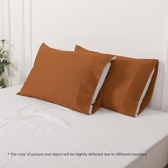 Simple&Opulence Linen Pillowcases 1 Pair Basic Style 55% Euro Linen 45% Cotton Blend Solid Color Flax Shams Set of 2, King Size 20"x40", Rust
