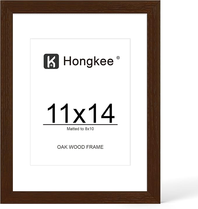 Hongkee 11x14 Oak Wood Picture Frame, Display Photos 8 x 10 with Mat or 11 x 14 without Mat - Tempered Glass Cover, Horizontal and Vertical Display for Wall or Tabletop (Walnut, Set of 1)