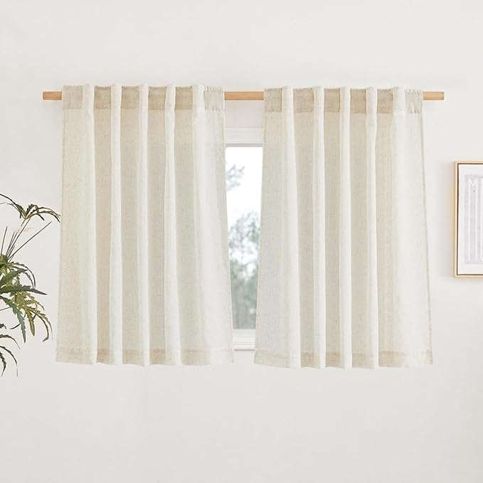 NICETOWN Natural Linen Blend Cafe Curtains 30 inch Length, Rod Pocket & Back Tab Semi Sheer Privacy Window Treatments Light Filtering for Kitchen, W34 x L30, 2 Panels
