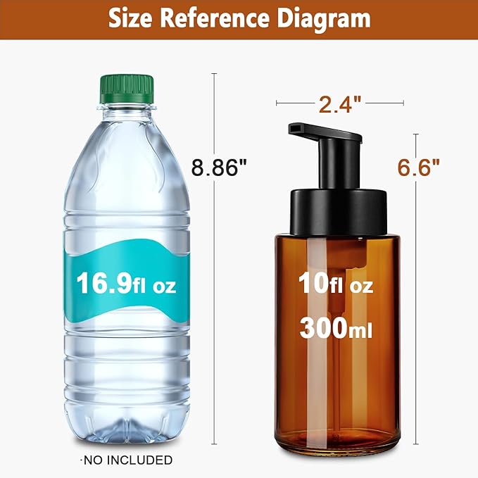 RYTOXILO Amber Foam Soap Dispenser, 10 oz/300ml Glass Foaming Soap Dispenser, 4 Pcs Foaming Hand Dispenser for Bathroom & Kitchen, Refillable Bottle with Waterproof Labels