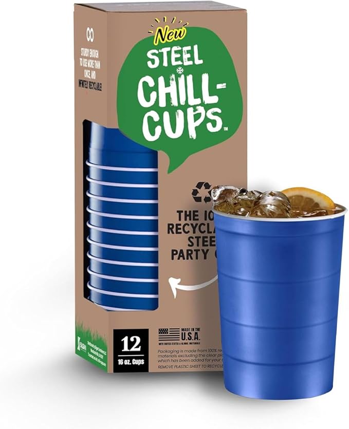 Steel Chill Cups 16 oz. Party Cups, Perfect for Cold Drinks, Sturdy & Durable, Disposable and 100% Recyclable, Made in USA, Blue, 12 Count