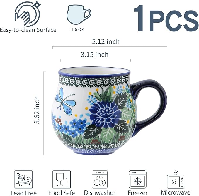12 oz Ceramic Cup Hand-Painted Handmade Unique Porcelain Floral Mug for Tea Coffee Milk Microwave Dishwasher Safe, Pottery Flower Mug 1 pc, Premium Elegant Gift
