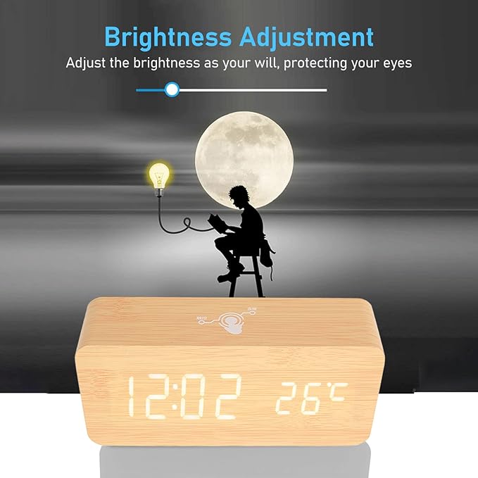 Tyenaza Digital Alarm Clock, Wooden Battery Operated Clock LED Display Touch Sound Control BT Connection Digital Desk Clock for Bedroom Office Cafe