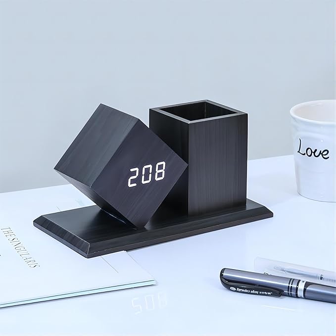 Multifunctional LED Desk Clock with LCD Temperature Calendar 3 Level Brightness Adjustment Sound Activated Pencil Pen Holder Desk Organizers for Home Office