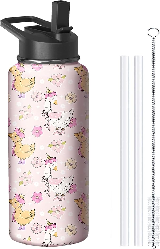 32oz Pink Duck Water Bottle with Handle and Flip Straw, Animal Sports Stainless Steel Insulated Cup Travel Coffee Mug Tumbler, Birthday Mothers Day Chritmas Gifts for Women
