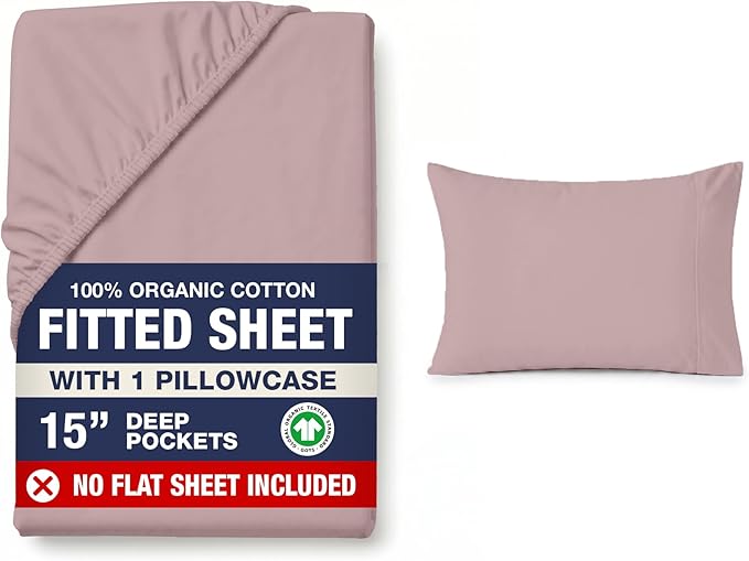 LANE LINEN Twin XL Fitted Sheet, 100% Organic Cotton 2-Piece Set (1 Fitted Sheet, 1 Pillowcase), Percale Weave, Bottom Sheet, Soft, Breathable, Fits Mattress Upto 15" Deep - Lilac (No Flat Sheet)