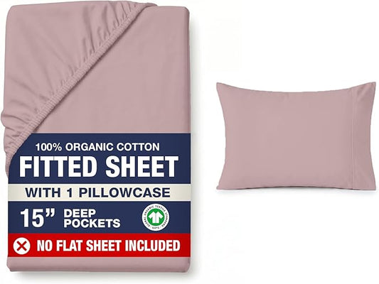 LANE LINEN Twin XL Fitted Sheet, 100% Organic Cotton 2-Piece Set (1 Fitted Sheet, 1 Pillowcase), Percale Weave, Bottom Sheet, Soft, Breathable, Fits Mattress Upto 15" Deep - Lilac (No Flat Sheet)