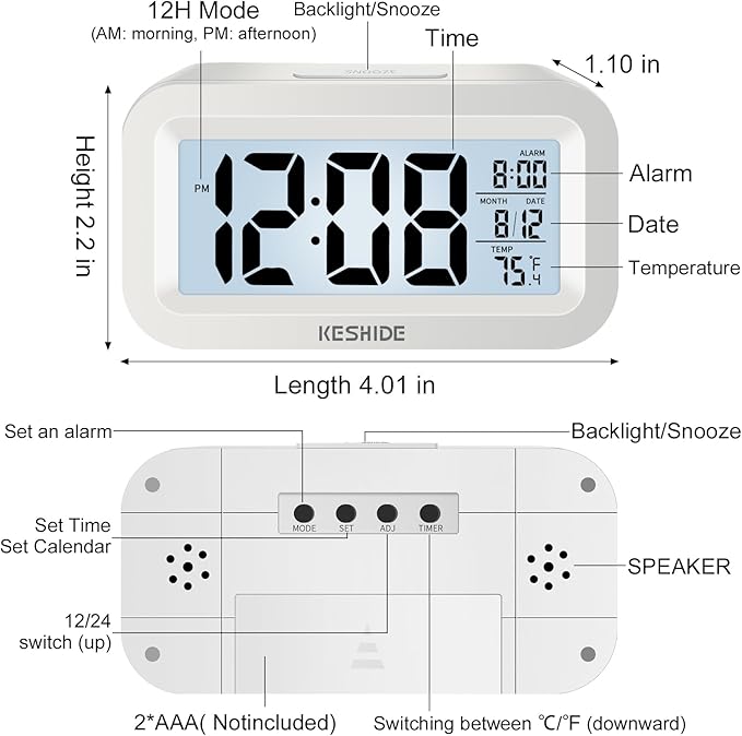 Travel Digital Alarm Clock,Battery Operated with Backlight, Indoor Temperature, Desk Small Clock,Snooze Model,12/24H Display for Bedrooms Heavy Sleepers Kids Travel Bathroom