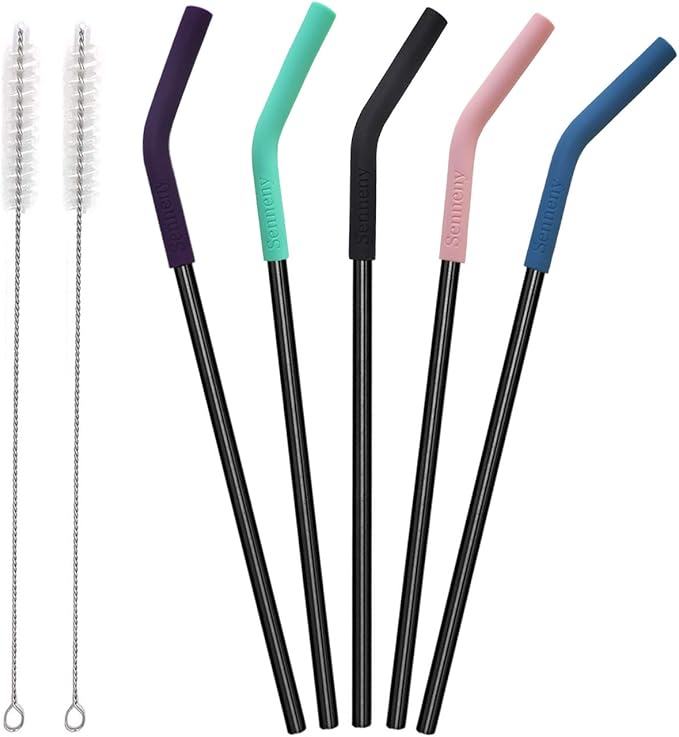 Senneny Set of 5 Stainless Steel Straws with Silicone Flex Tips Elbows Cover, 2 Cleaning Brushes and 1 Portable Bag Included (Black)- 6mm diameter